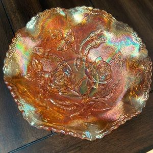 Vintage Iridescent Carnival Glass Bowl Rose Pattern